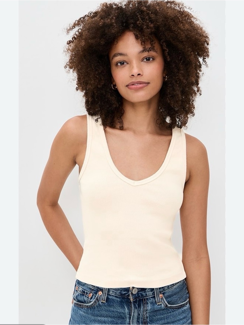 perfectwhitetee Cream Ribbed V-Neck Tank Top Size Large